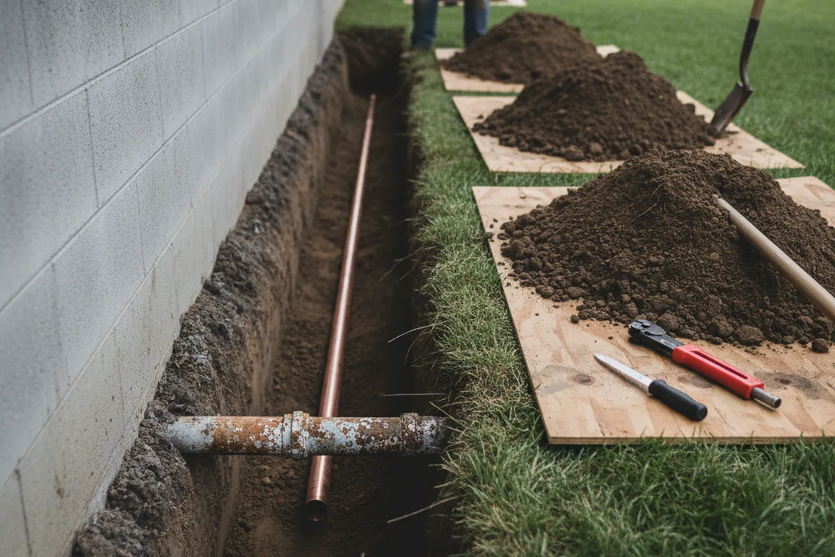 Excavated water line trench during Water Heater Repair in Kellyville